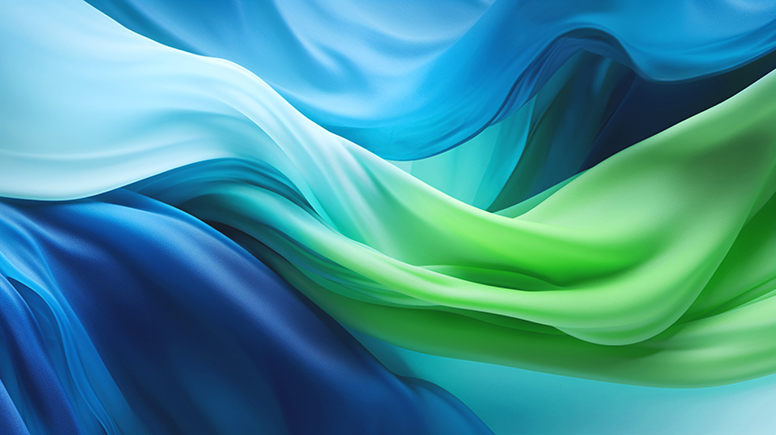 Abstract flowing fabric in shades of blue and green, symbolizing quality control in apparel.