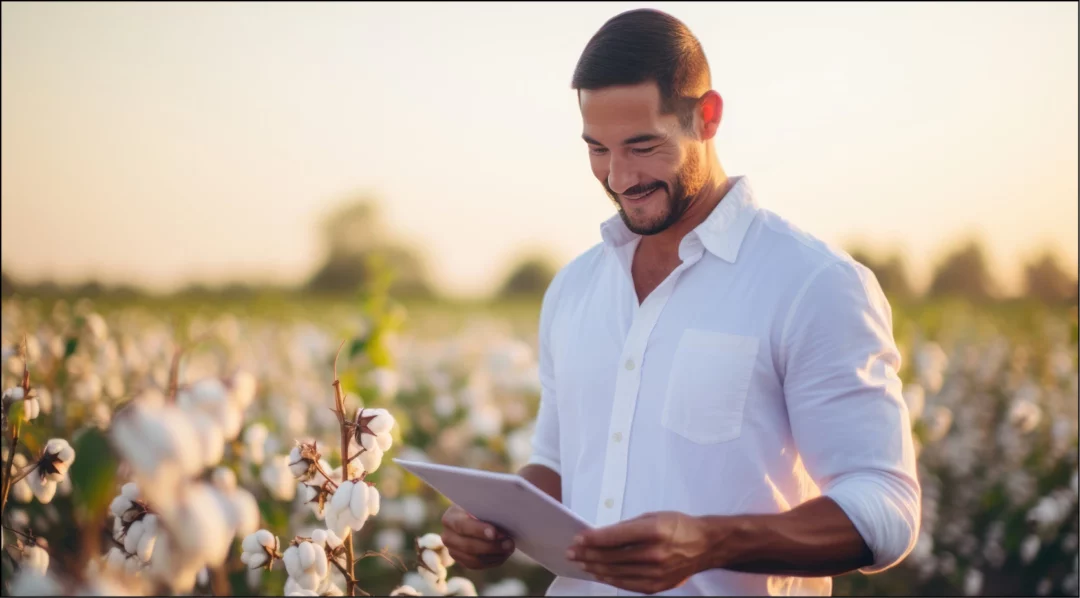 Farmer using tablet in cotton field, focusing on supply chain compliance.