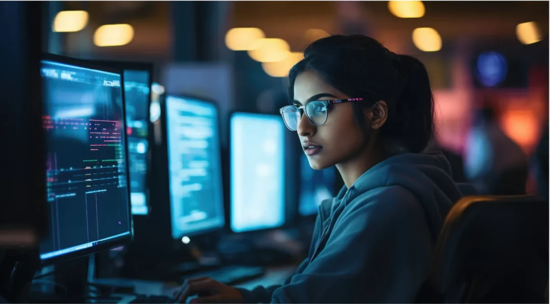 Young woman in glasses coding on computer, Inspectorio Innovator Showcase winner
