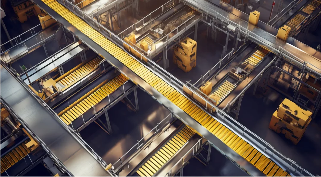 Automated warehouse with golden conveyor belts and stacked boxes, symbolizing digital supply chains.