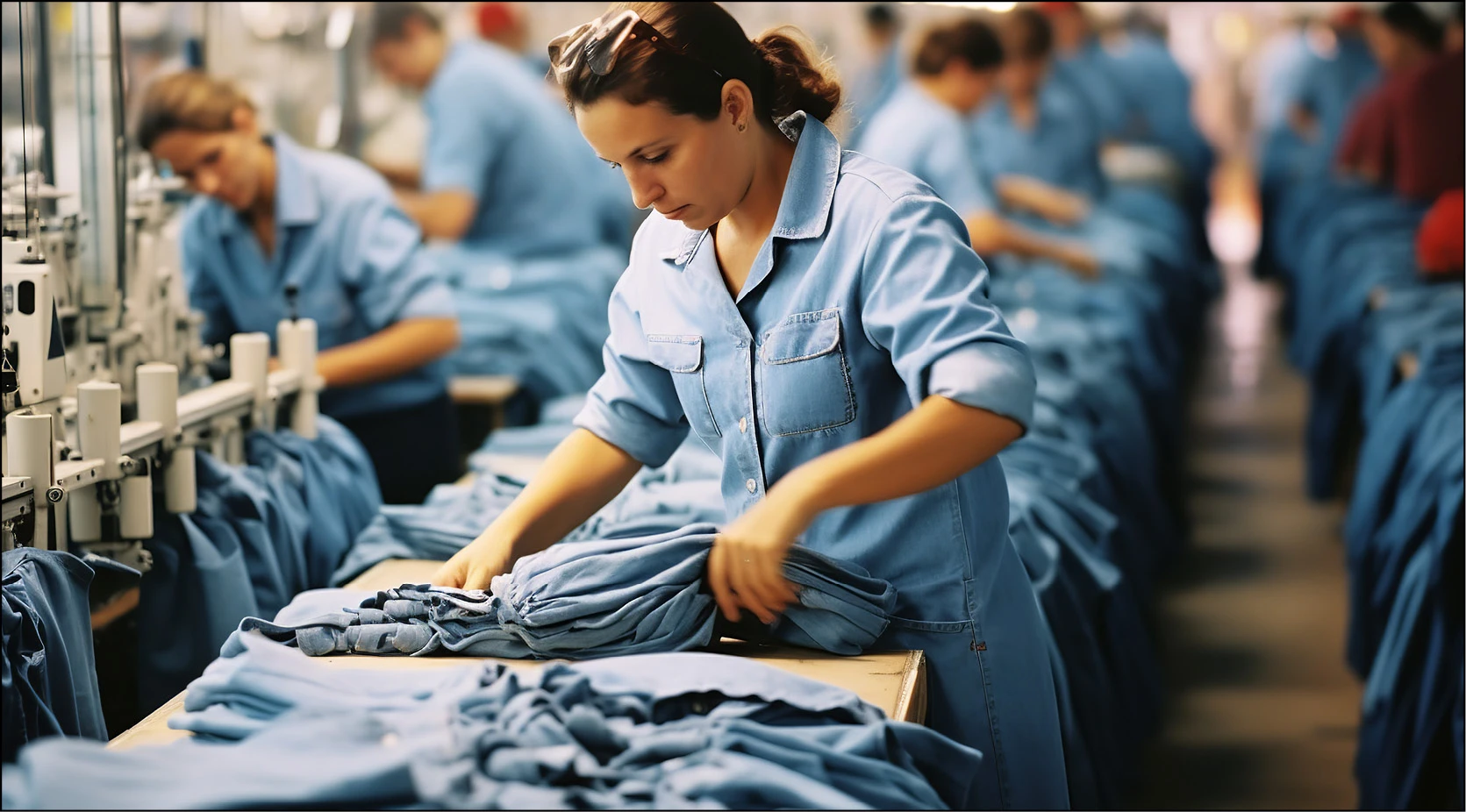 Factory worker inspecting denim fabric for quality control.