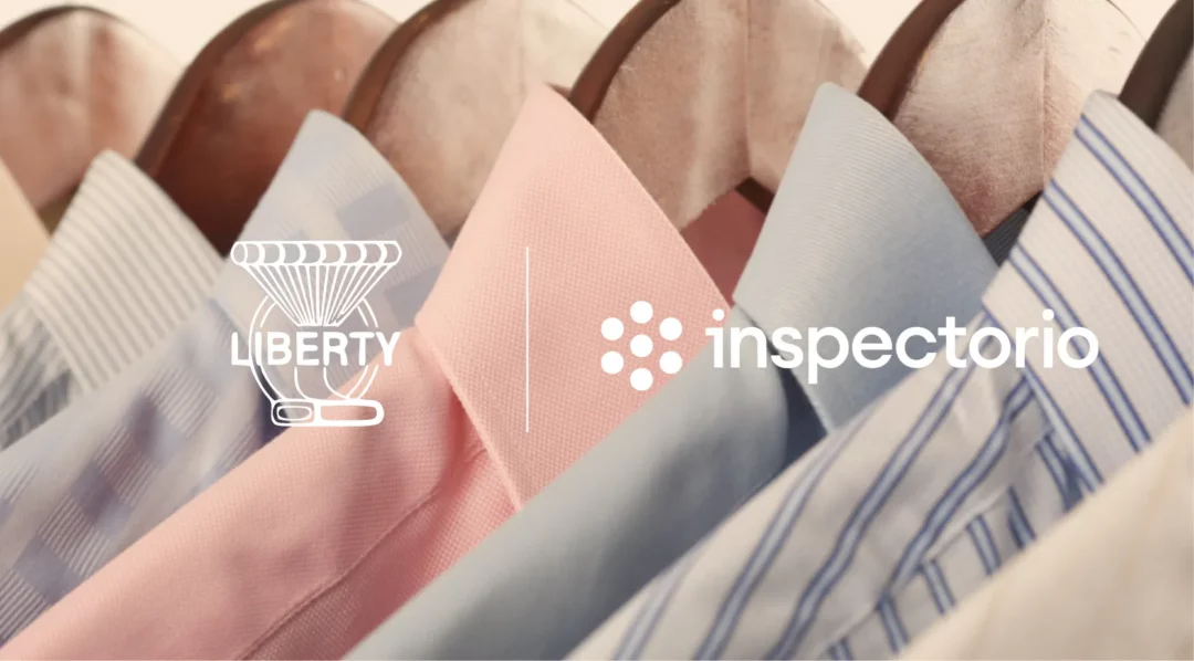 Liberty Mills logo and "inspectorio" text on shirts, highlighting digitalization.