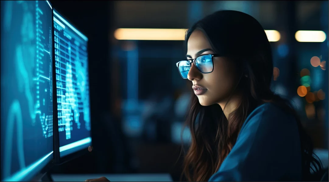 Woman in glasses working on dual monitors displaying data, relevant to PLM software