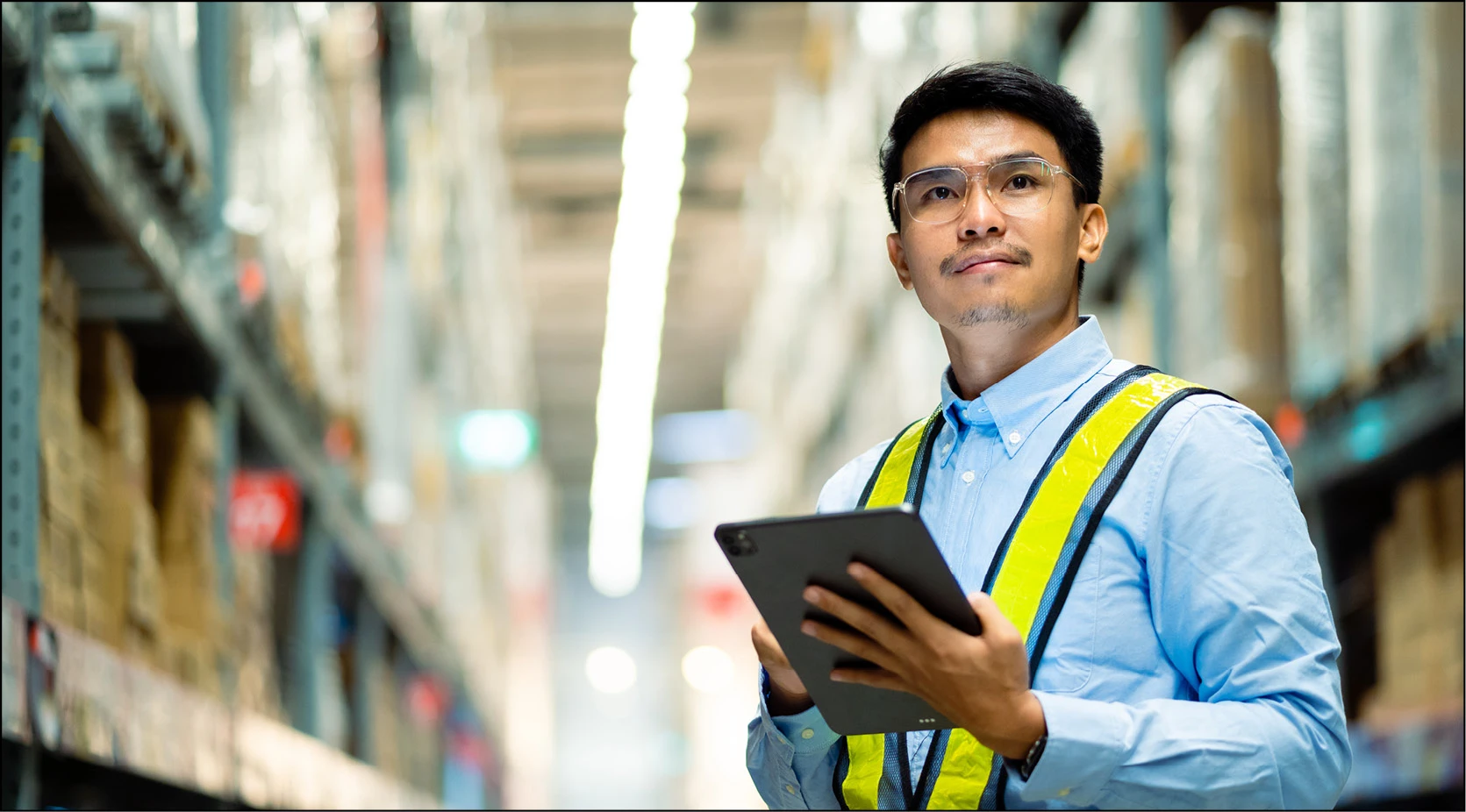 Warehouse manager uses tablet for quality management self-inspection
