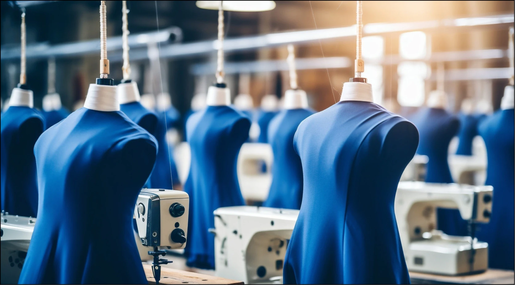 Blue dresses on mannequins in a sewing factory with sewing machines