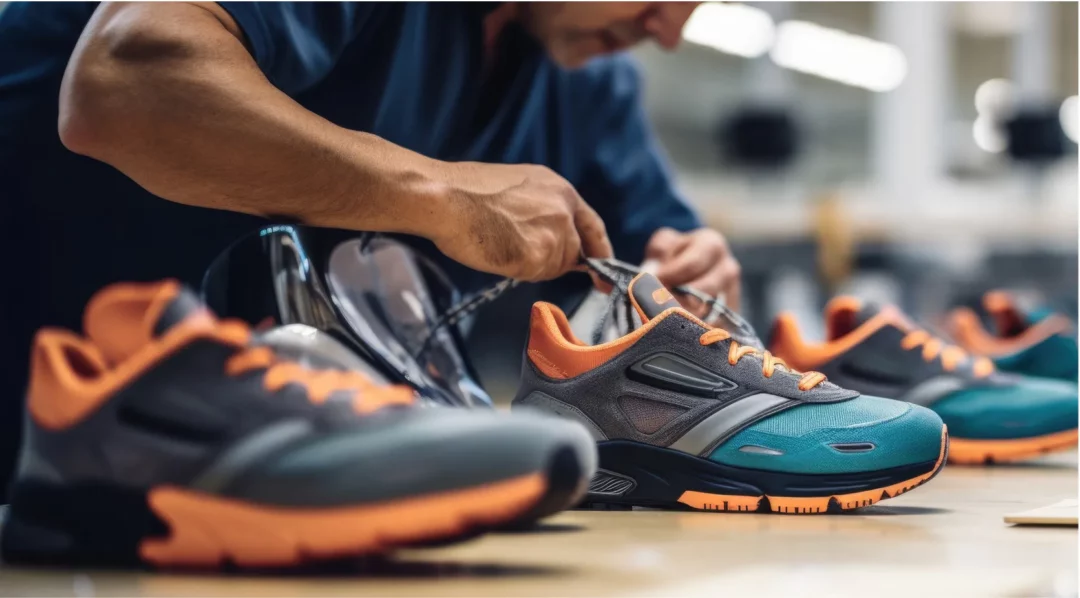 Shoe factory worker assembling athletic shoes, preventing production defects.