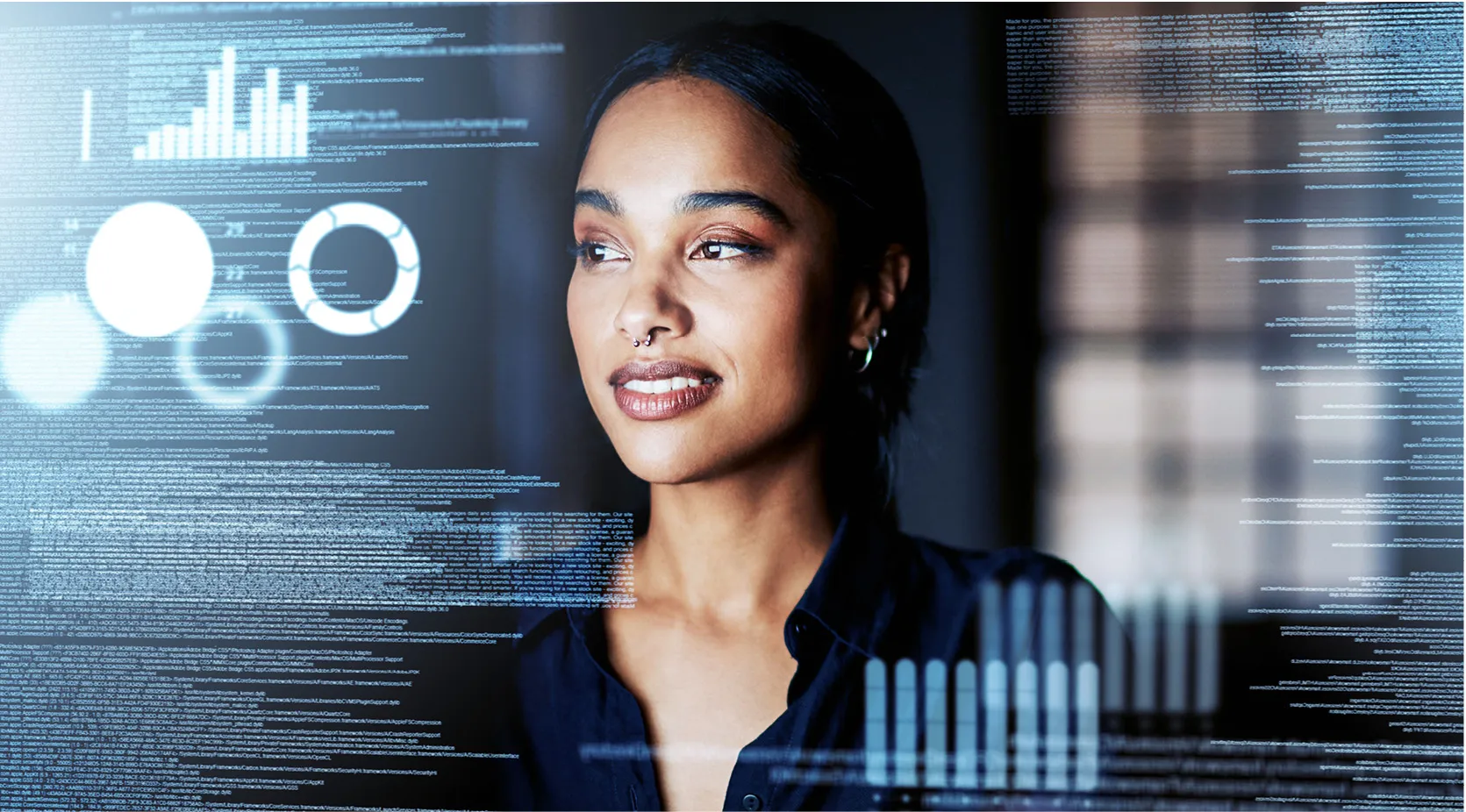 Woman looking at digital data streams, symbolizing digital transformation in supply chains.