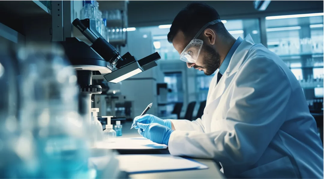 Scientist in lab coat and goggles examining sample under microscope for textile testing.