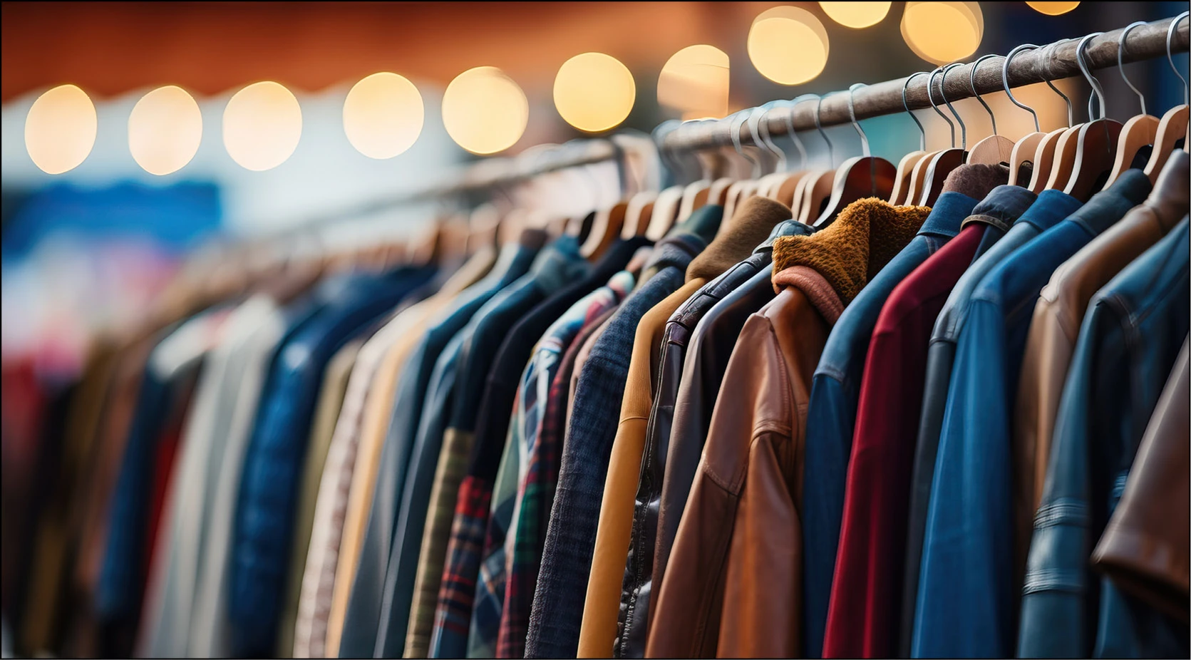 Row of diverse clothing on hangers at a market stall