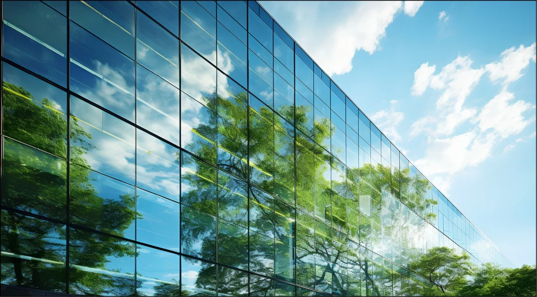 Modern glass building reflecting green trees and blue sky, symbolizing ESG principles.