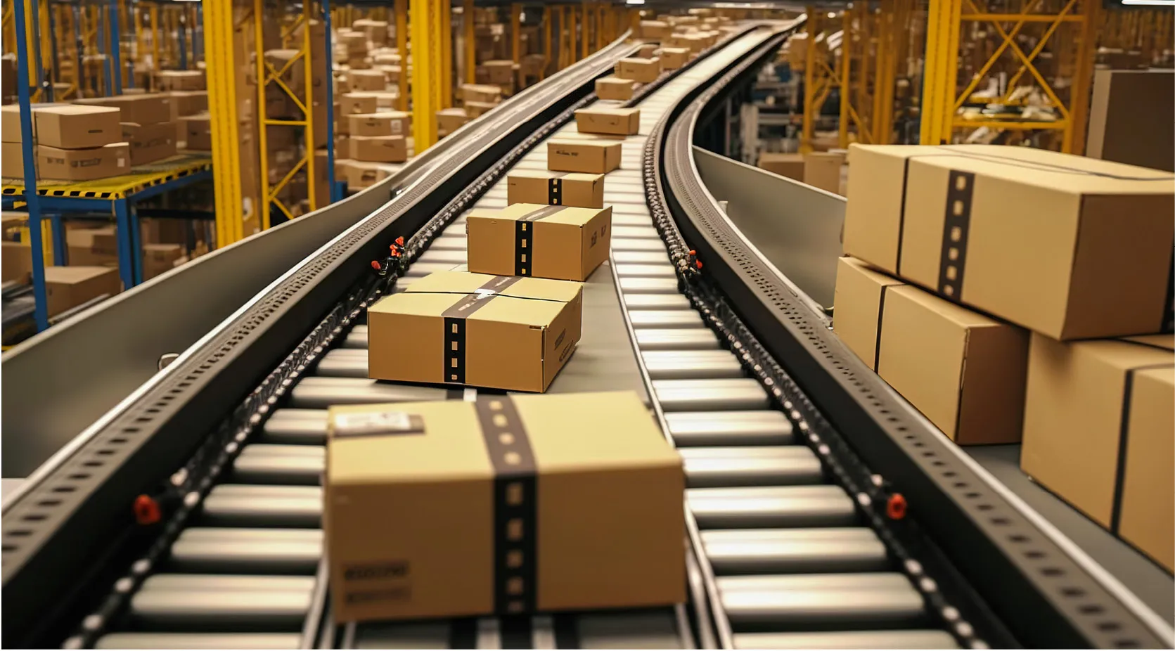 Cardboard boxes on a conveyor belt in a warehouse, illustrating production chain issues.