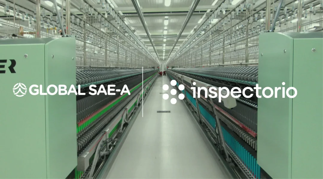 SAE-A factory with automated inspection machines and "GLOBAL SAE-A inspectorio" logo