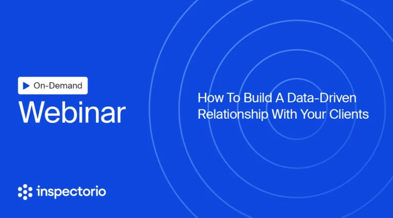 Webinar title: How To Build A Data-Driven Relationship With Your Clients, on Inspectorio logo