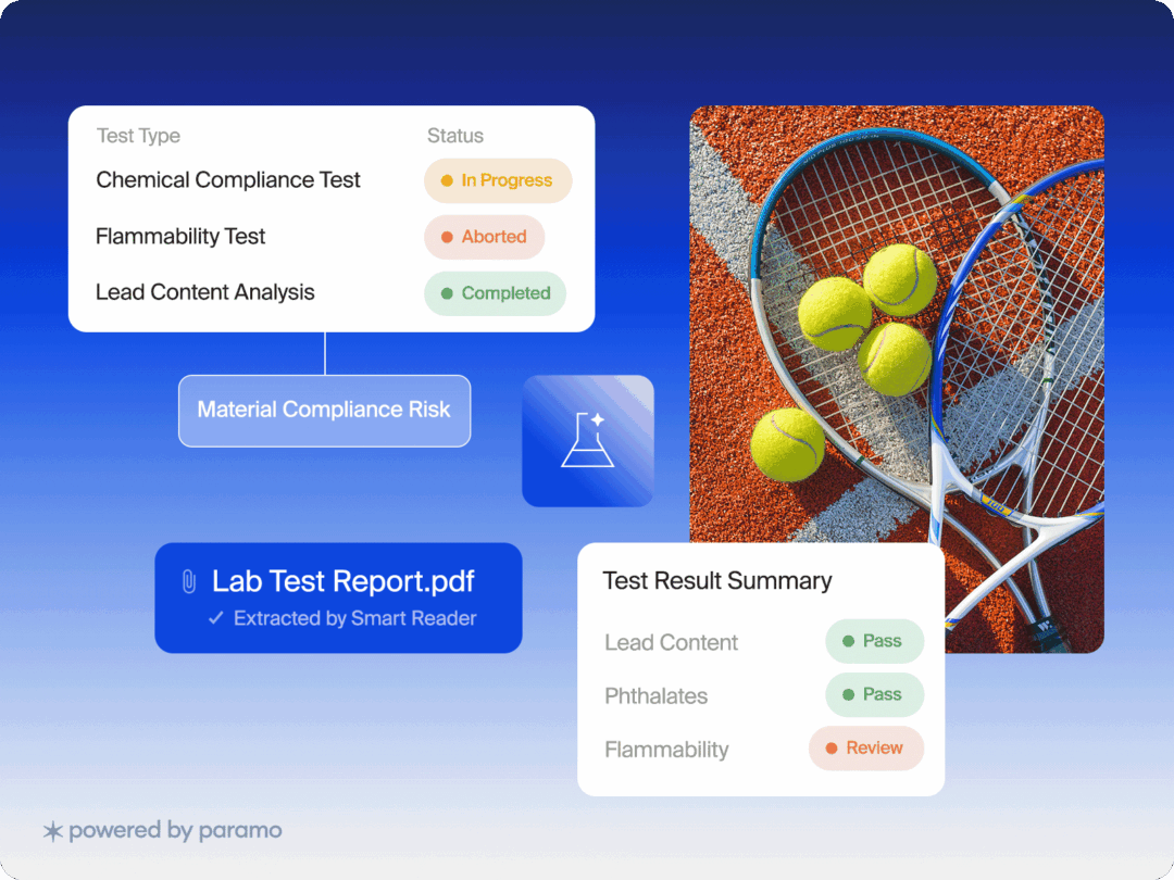 Lab test report summary with tennis rackets and balls