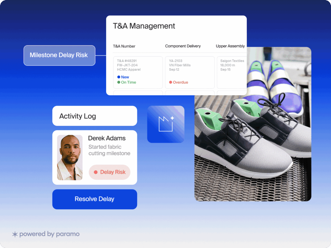 T&A Management dashboard showing milestone delay risk and sports shoes