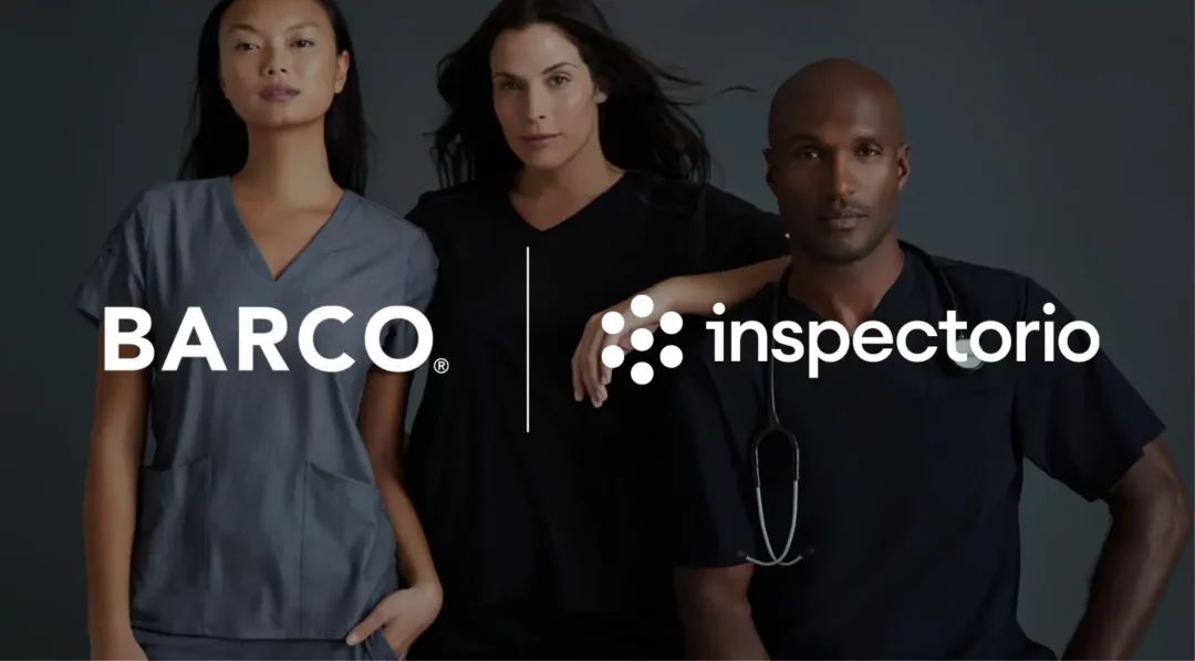 Barco Uniforms and Inspectorio logos with models in scrubs