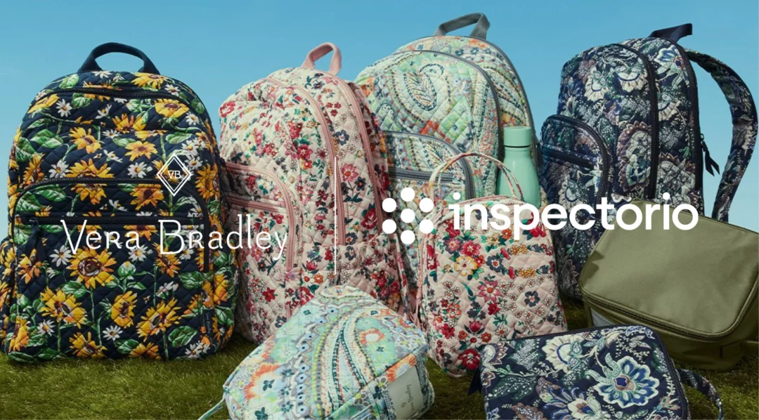 Vera Bradley backpacks and bags with floral and sunflower prints, featuring "Vera Bradley" and "inspectorio" text.