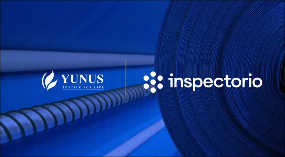 Yunus Textile and Inspectorio logos on a blue background with textile rolls