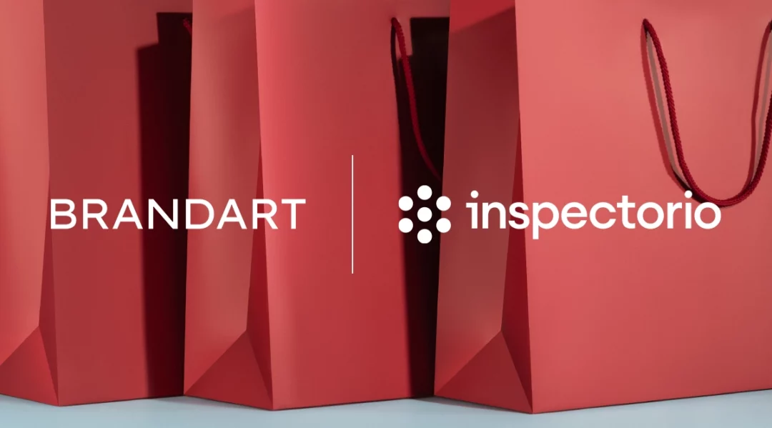 Brandart and Inspectorio logos on red shopping bags, highlighting quality scaling