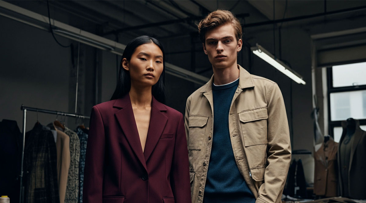 Models in a fashion workshop, hinting at 'Made in America' fashion.
