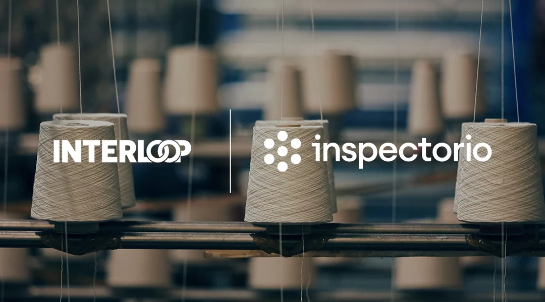Interloop and Inspectorio logos over spools of thread in a factory