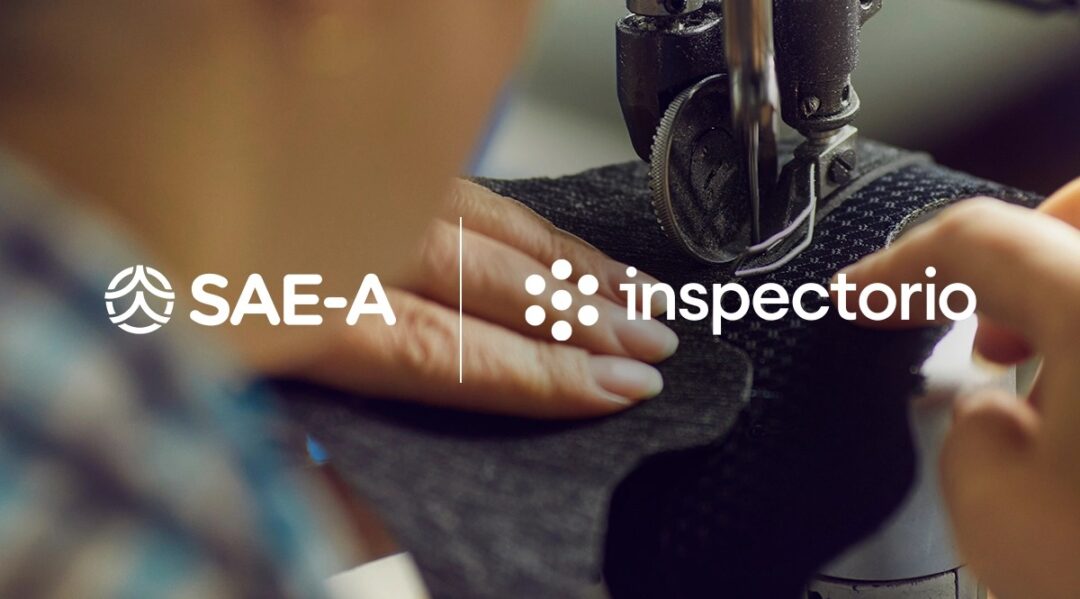 Sae-A and Inspectorio logos over a close-up of hands sewing fabric on a machine.