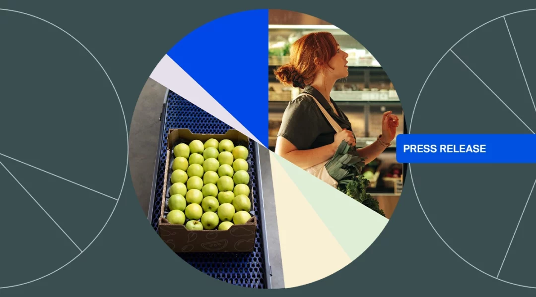 Press Release: Woman at grocery store, apples in crate, AI innovation