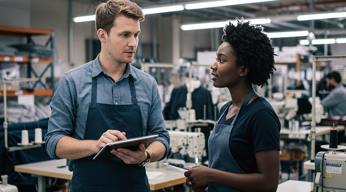 Workers discussing ESG data and compliance in a factory setting.