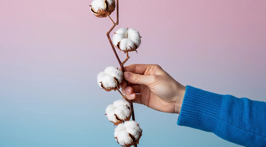 Hand holding cotton branch, symbolizing traceability and strategic advantage in 2025.