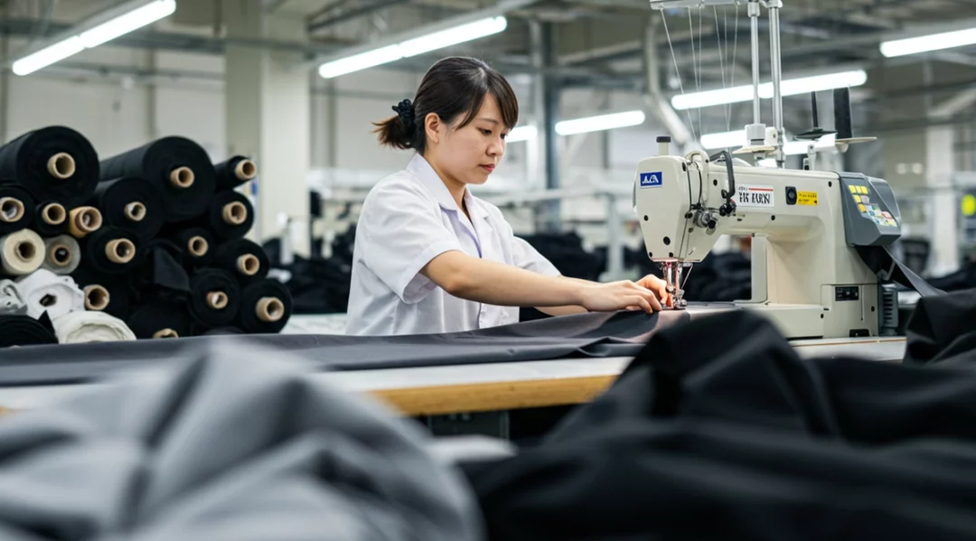 Woman sewing fabric in a textile factory, part of a diversified supplier base.