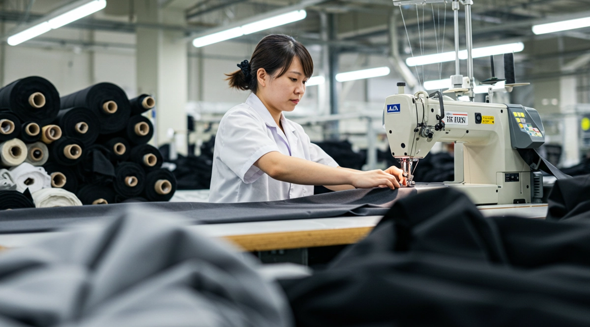 Woman sewing fabric in a textile factory, part of a diversified supplier base.