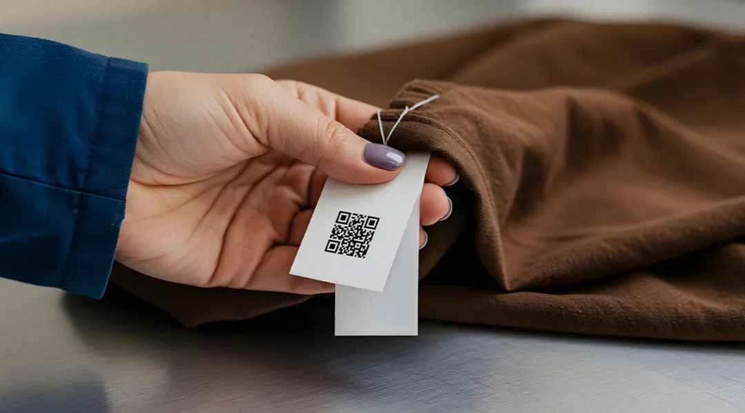 Hand holding brown t-shirt with QR code tag for supply chain traceability.