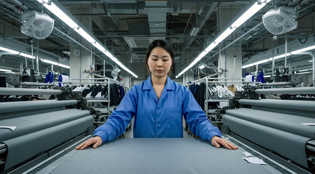 Woman in blue uniform inspecting fabric at a factory, representing supply chain challenges.