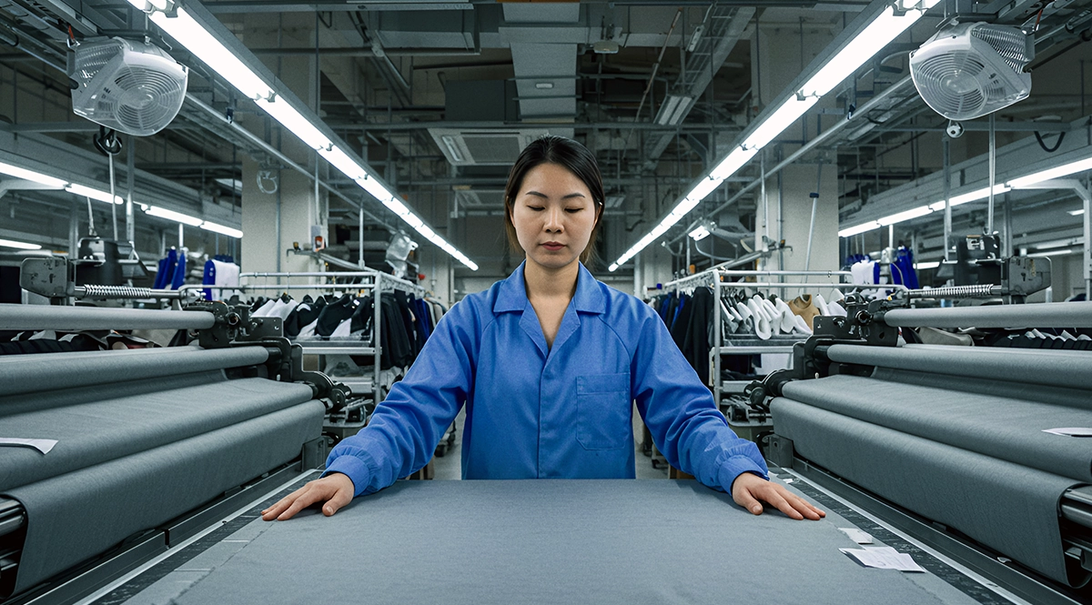 Woman in blue uniform inspecting fabric at a factory, representing supply chain challenges.
