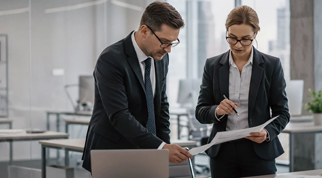 Business professionals discussing ESG compliance documents in an office.