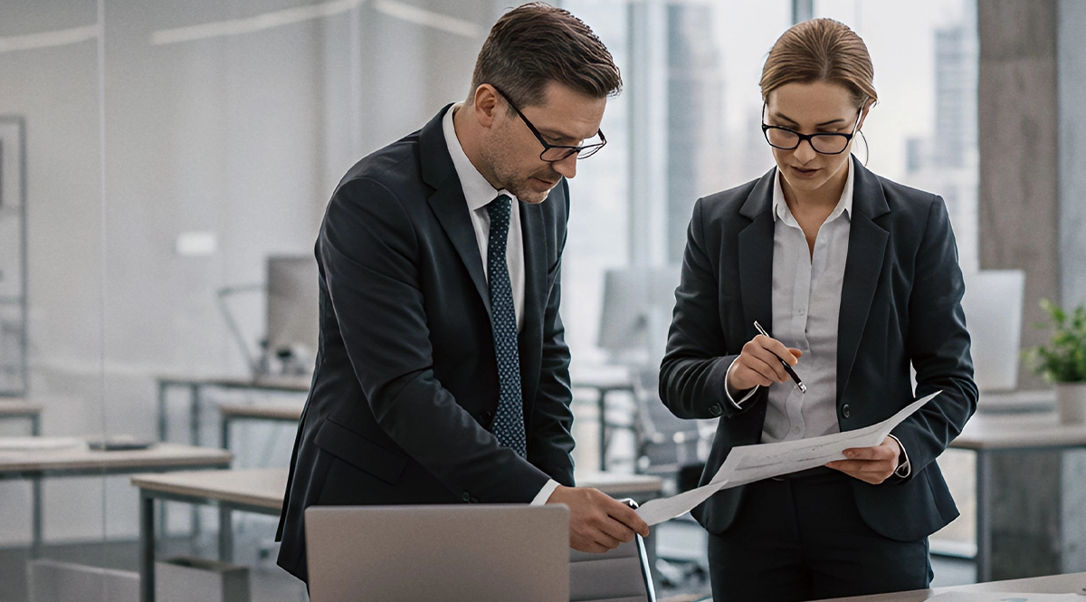 Business professionals discussing ESG compliance documents in an office.
