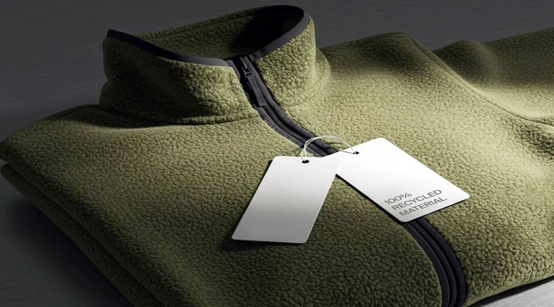 Green fleece jacket with "100% Recycled Material" tag, symbolizing supply chain sustainability.