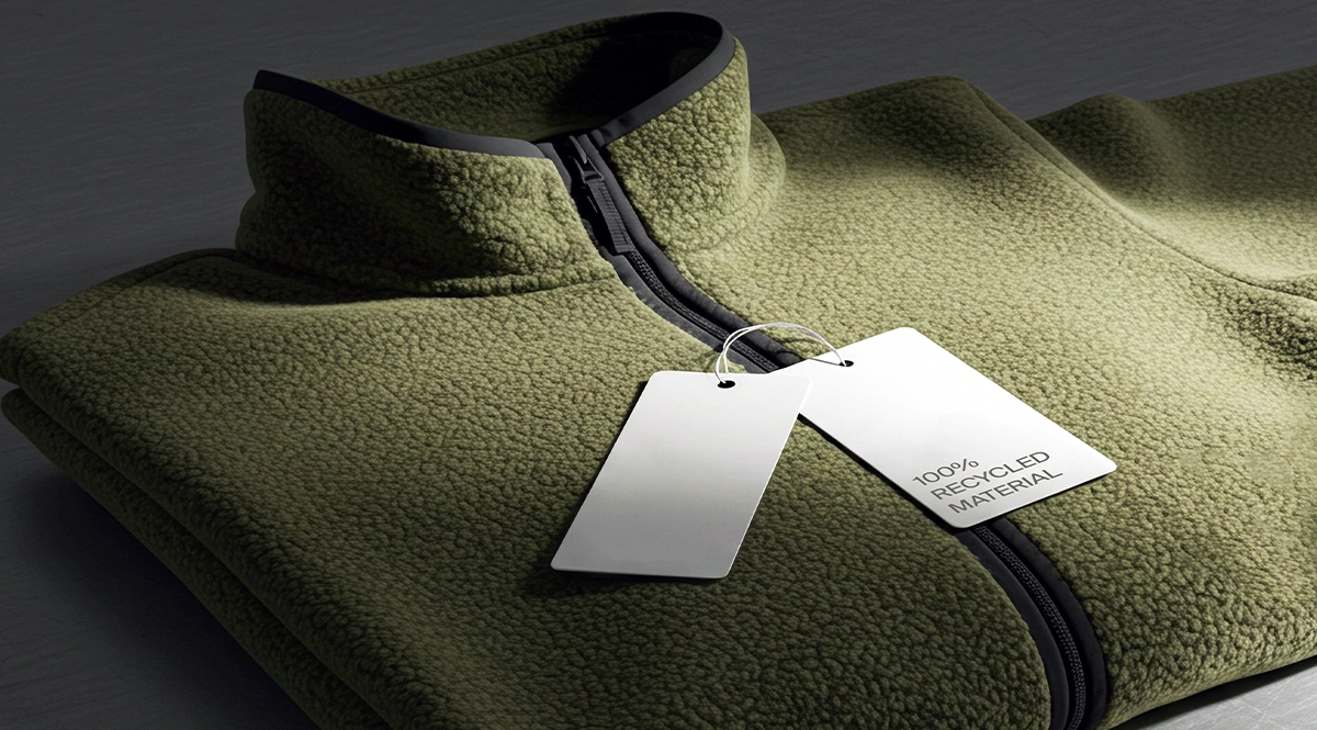 Green fleece jacket with "100% Recycled Material" tag, symbolizing supply chain sustainability.