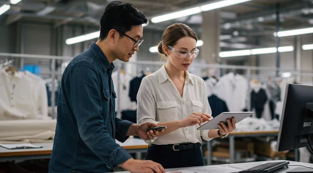Two professionals review data on a tablet in a modern office, discussing actionable steps.