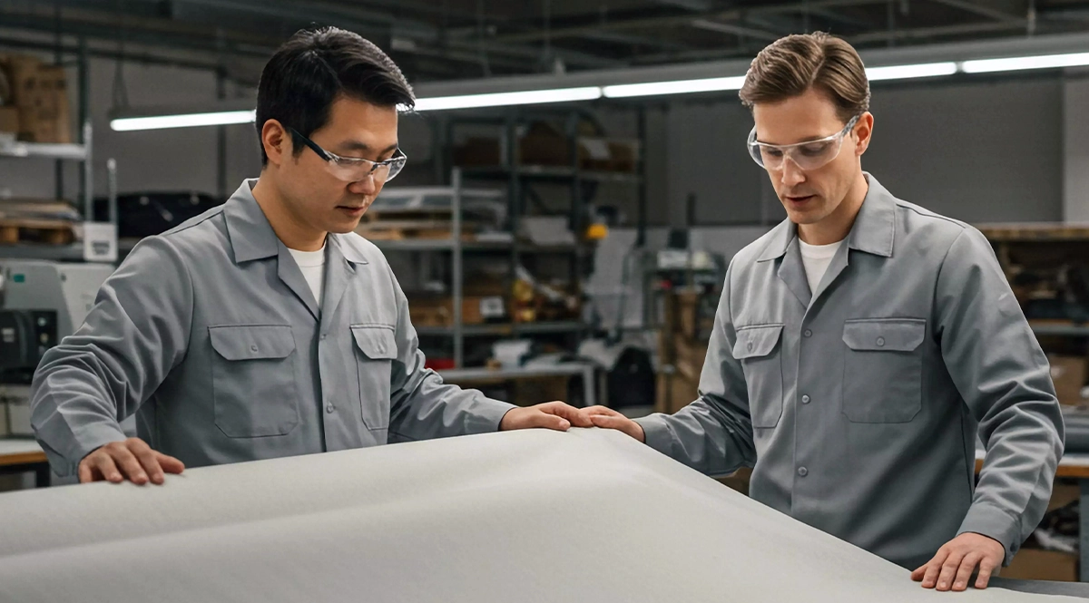Two men in safety glasses examine a large roll of material in a manufacturing setting.
