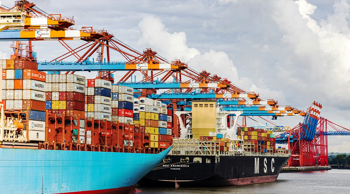 Large container ships at a busy port, showcasing global supply chain logistics.