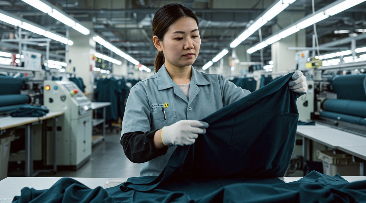 Woman inspects fabric in a garment factory, symbolizing supply chain processes.