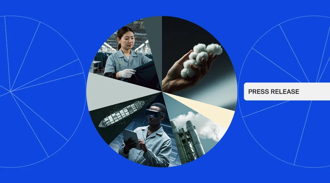 Circular graphic showing supply chain elements: cotton, factory worker, shipping container, and worker using AR glasses. "PRESS RELEASE" text.