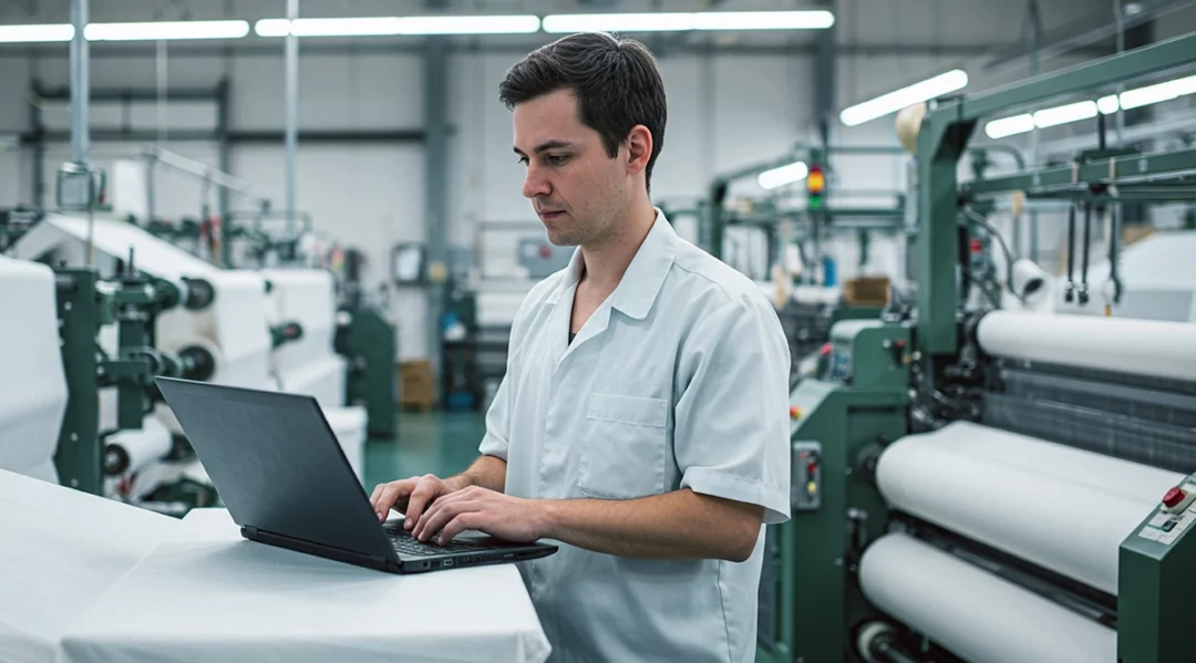 Man in factory uniform using laptop to manage supply chain compliance.