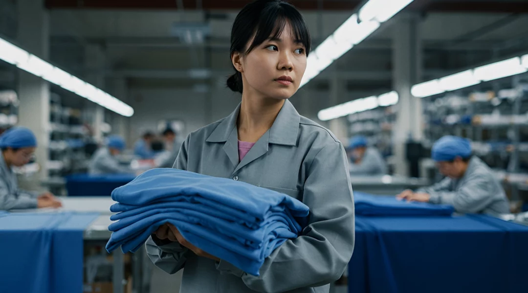 Woman in factory holding blue fabric, reshoring apparel production