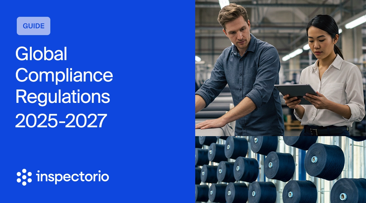 Guide: Global Compliance Regulations 2025-2027 with inspectors and textile spools.