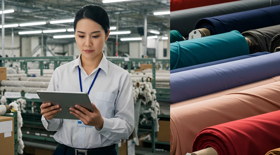 Woman inspecting textile rolls in a factory, highlighting corporate responsibility risk.
