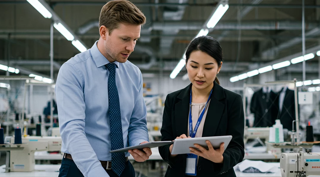 Business professionals review data on a tablet in a manufacturing setting, highlighting continuous due diligence.
