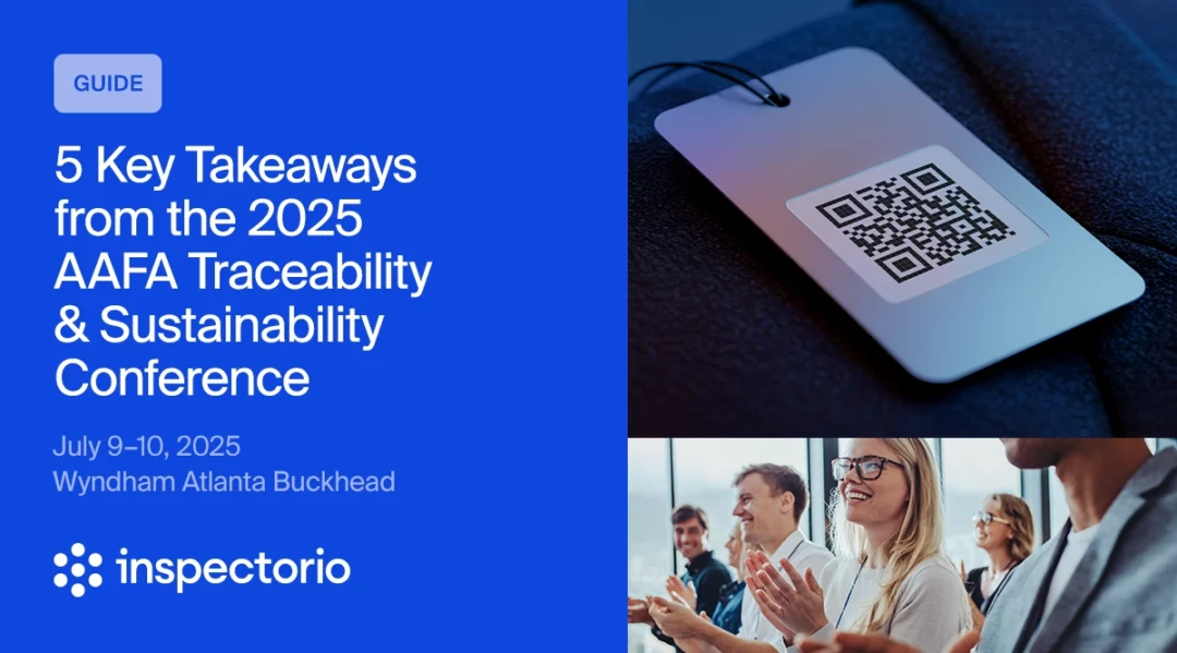 QR code tag on fabric, with text about the 2025 AAFA Traceability & Sustainability Conference