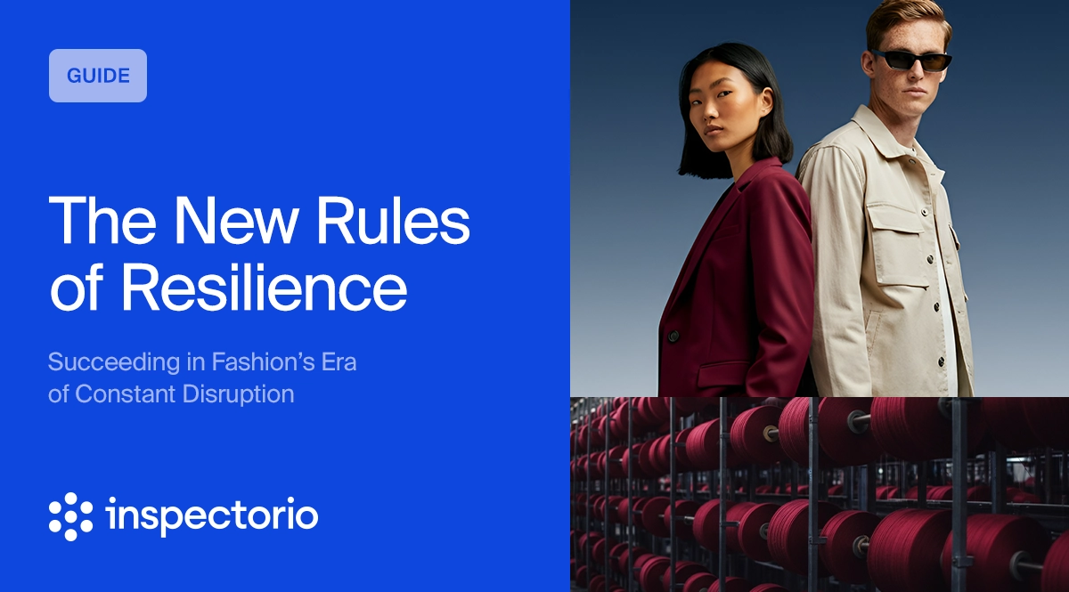 Fashion resilience: Man and woman modeling, with textile spools in background. Guide: The New Rules of Resilience.